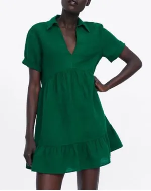 ZARA Tiered Linen Mini Dress Kelly Green Collared Short Sleeve size XS thumbnail 2