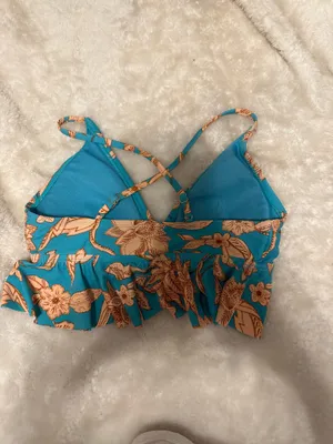 Blue Bikini Top with Coral Flowers thumbnail 2
