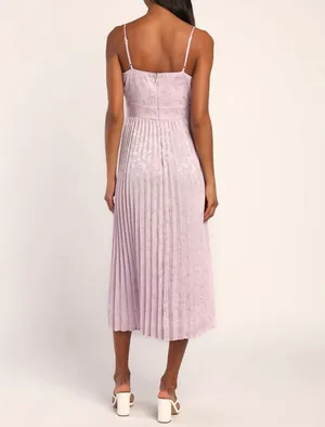Lulus Regal Romance Lavender Floral Jacquard Pleated Satin Midi Dress thumbnail 2
