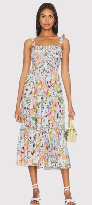 Poupette St Barth Dress Blue Midi Kleid Triny Floral Tank Tiered Smocked Boho XS thumbnail 1