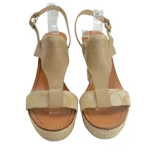 Coach Khaki Leather Signature Canvas Mendez Cork Wedges Sandals thumbnail 3