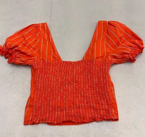 Free People Women's Orange Striped Puff Sleeve Crop Top Blouse Size XS thumbnail 12