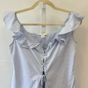 🍁 Lewit Linen Cotton Lace Up Ruffle Sleeveless Blouse Summer Boho Light Blue Sm thumbnail 3