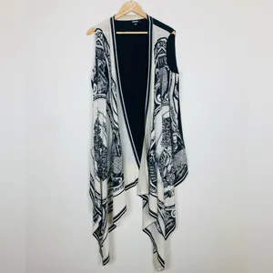 DKNY silk black & white floral & leopard print open front vest cardigan M/L thumbnail 2