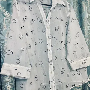 Source Unknown Funky White Sheer Top Size 1 X Black Circle 3/4 Sleeves Embroidery Button Front thumbnail 7
