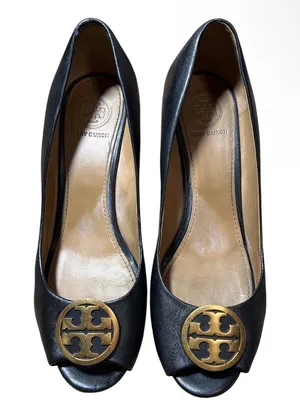Tory Burch Black Leather Gold Medallion Peep Toe Wedge Pumps Size 7.5M thumbnail 1