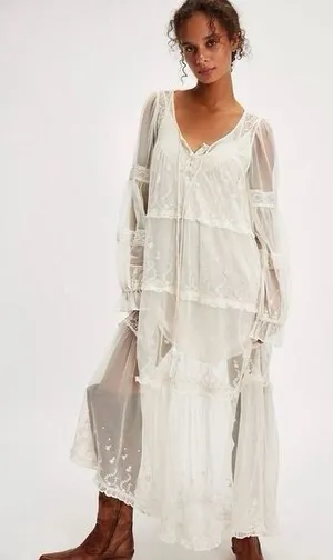Free People Cream Stevie Embroidered Mesh & Lace Maxi Dress Celestial Fairy New thumbnail 1