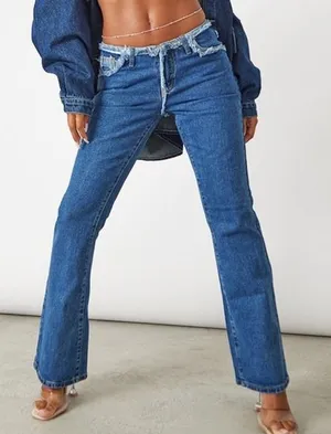 PrettyLittleThing Flare Low Rise Jeans Womens‎ 6 Dark Wash Distressed Y2K Retro thumbnail 1