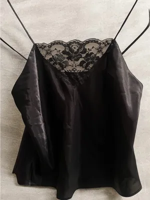 Black Satin Camisole Top Coquette Lace Panel 90’s Sz M Whimsigoth Vintage Y2k thumbnail 1