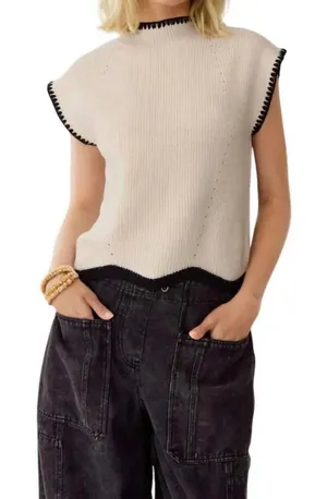 Entro NWT Women's Madison Cap Sleeve Sweater Top in Cream/Black Size Large. thumbnail 1