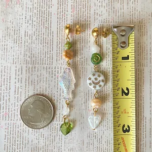 Handmade quality Czech glass beads mix asymmetric unique dangle earrings💚⭐️🐟💕🌙 thumbnail 4