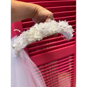 White Floral Bridal Crown Headband w/ Tiered Pearl Tulle Veil Wedding Accessory thumbnail 6