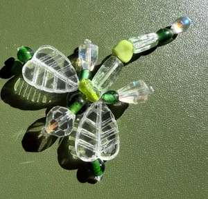 Vintage Beaded Dragonfly Brooch Green Clear Crystal Glass Pin 2.5” thumbnail 1
