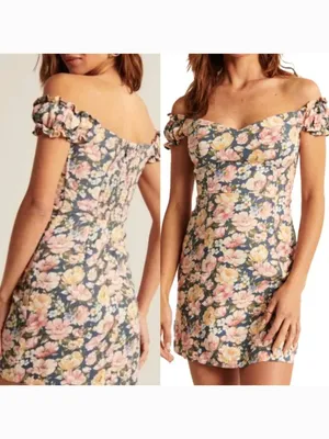 ABERCROMBIE & FITCH A&F Off the Shoulder Corset Mini Dress Blue Pink Etc Floral thumbnail 2