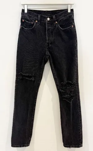 Levis 501‎ Jeans Size 26 Black Denim Button Fly Distressed Straight Pant Grunge thumbnail 1