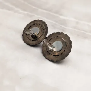 Vintage Clip On Earrings Large Chunky Statement Dark Bronzeish Tone Faux Pearl thumbnail 7