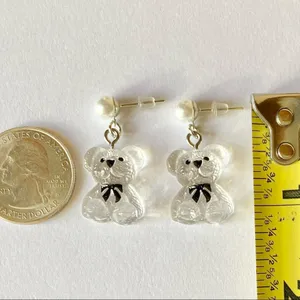 Handmade Antique retro Kawaii cute cottage style clear teddy bear dangle earrings🧸💠 thumbnail 4