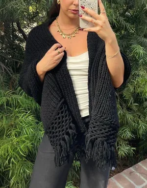 Free People Black handmade crochet shawl poncho with fringe thumbnail 1