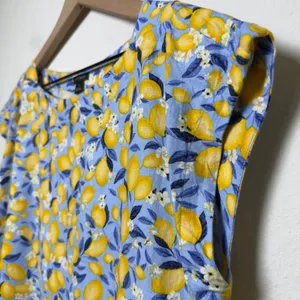 Ann Taylor Women Linen Top Small Blue Yellow Lemon Fruit Blouson‎ Gasset Resort thumbnail 6