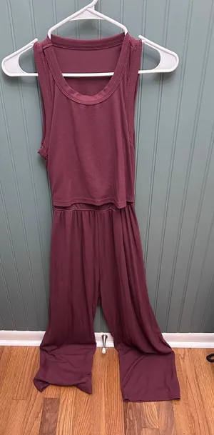 Latched Mama Nursing Jumpsuit Plum Burgundy Ribbed Sleeveless Wide Leg Small thumbnail 1