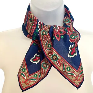 Vintage Gilded Crepe de Chine Blue Paisley Floral Silk Square Scarf Neckerchief thumbnail 2