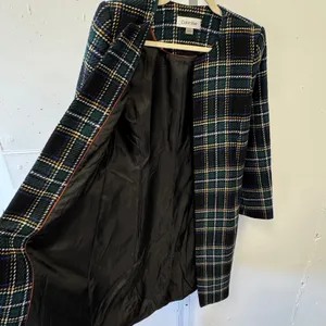 Calvin Klein Women's Wool Blend Plaid Collarless Car Coat Jacket Sz 2 Teal Navy‎ thumbnail 4