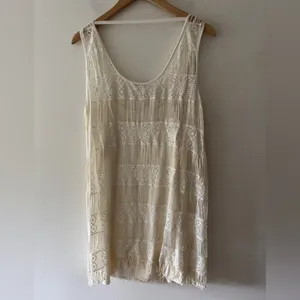 American‎ Eagle Cream Lace Fringe Sleeveless Boho Mini Dress thumbnail 4