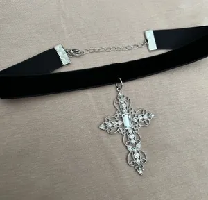 Black Velvet Rhinestone Cross Pendant Choker thumbnail 6