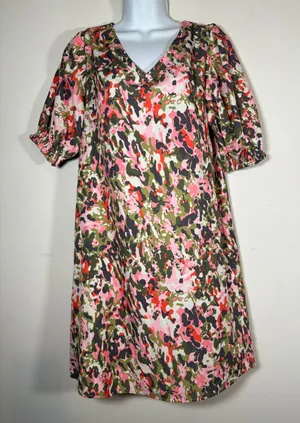 Michelle McDowell Shift Dress Pink Green Garden Party Puff Sleeve V-Neck Small thumbnail 1