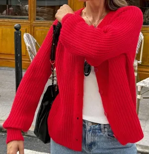 SheIn Autumn New Red Round Neck Single Row Button Casual Cardigan thumbnail 1