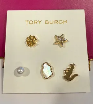 Tory Burch | Gold Plated Icon Logo, Pave & Pearl Mixed Stud Earring Set thumbnail 1