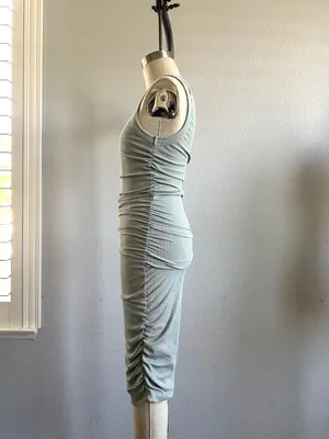 Sleeveless Ribbed Ruched Midi Dress Sage Green Bodycon Size XXS thumbnail 2