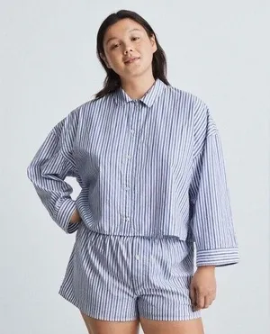 Everlane Womens Size M Blue White Striped Button Crop Cotton Woven PJ Top thumbnail 1