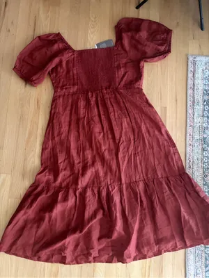 New Garnet Hill Linen Puff Sleeve Midi Dress Marsala tiered burgundy XL thumbnail 7