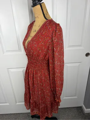 Max Studio Floral Smocked Waist Mini Dress Size S Rust Red Boho Fall thumbnail 8