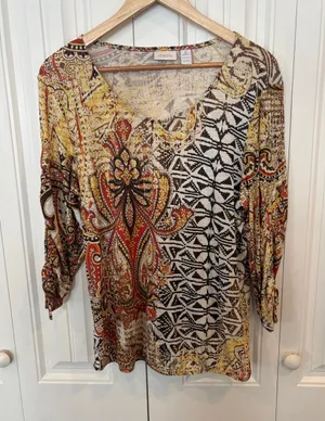 Chico’s‎ Brown And Orange Ruched Sleeve Top Size 2 (Large) thumbnail 1