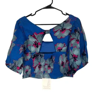 Band of the Free Blue Floral Key Hole Back Square Neck Crop Top Women Sz M thumbnail 2