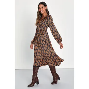 Lulus Graceful Impression Black and Orange Floral Print Midi Dress Satin S NWT thumbnail 2