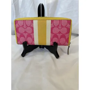 Coach Signature Pink Heritage White Yellow Stripe Accordion Wallet EUC thumbnail 2
