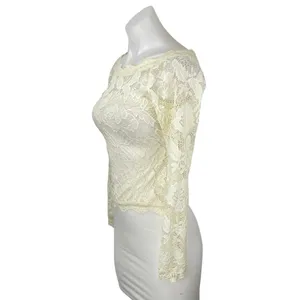 Free People Intimately Cream Long Sleeve Floral Lace Boat Neck Blouse Top Sz XS thumbnail 2