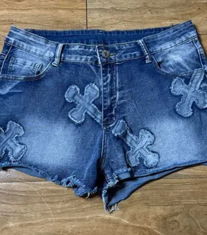 Frayed Hem Dark Blue Denim Shorts with Cross Patch Accents thumbnail 1
