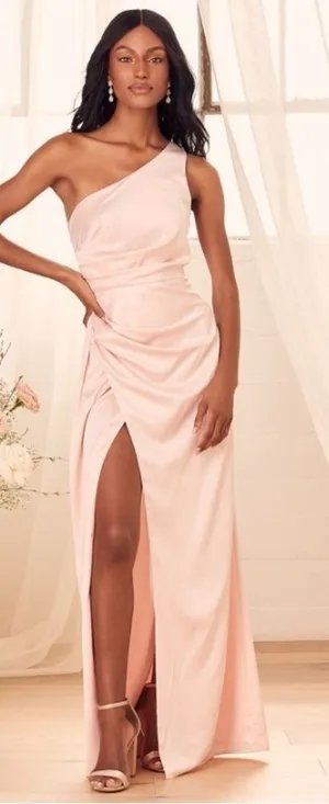 LULU's Prom Wedding Bridesmaid Sexy One Shoulder Satin Thigh Slit Gown thumbnail 1