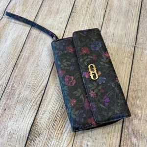 Guang TongVegan Leather Wristlet Wallet Black‎ Gold Hardware Organizer Floral thumbnail 1