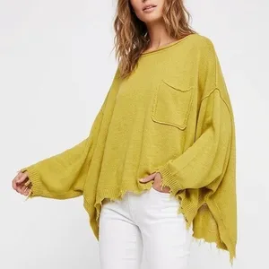 Free People Prism Sweater Women Medium Lemon Yellow Tight Knit Raw Hem Oversized thumbnail 1