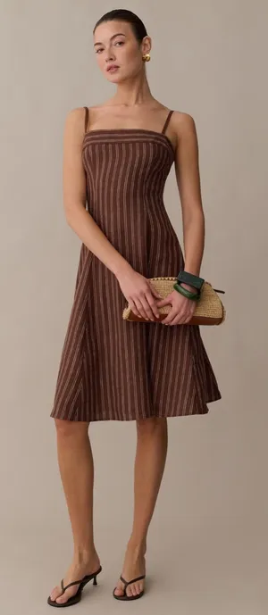 NWT o.p.t Gizele Linen Dress size Small S brown white stripe midi few moda thumbnail 1