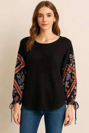 In Loom Black Thermal Waffle Knit Top Boho Patchwork Print Balloon Sleeves M thumbnail 1