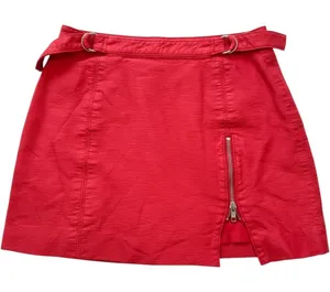 Free‎ People Red Vegan Faux Leather Moto Mini Skirt Size 6 Zip Front Belted thumbnail 1