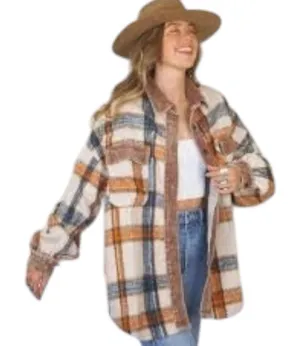 POL Collared Button Down Plaid Shacket Size L Beige Blue Orange thumbnail 1