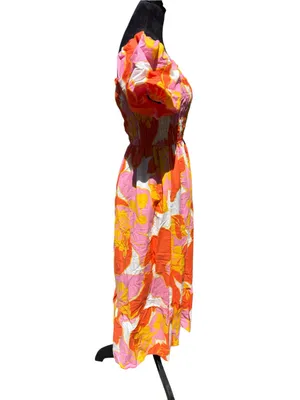 Ana & Rose Floral Smocked Midi Dress Puff Sleeve Tropical Boho Orange Pink L thumbnail 7