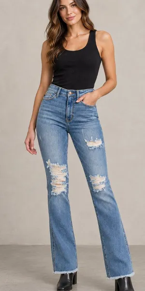 NEW Judy Blue High Waist Destroy Fray Hem Bootcut Jeans Size 31 thumbnail 1